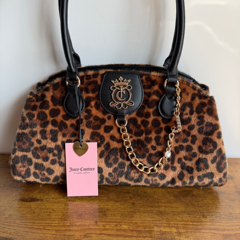 New Juicy Couture Royal Crest Leopard Satchel Shoulder Handbag Y2K Brown Black